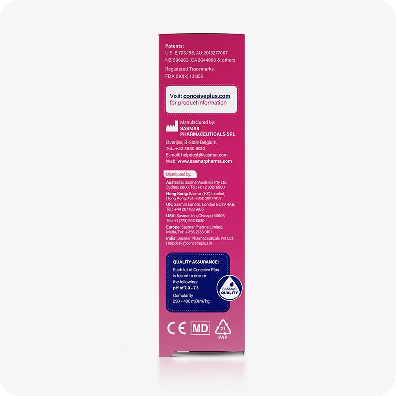 For Conceive Plus Fertility Lubricant Tube + Applicators bundle, the image shows the side panel of the 75ml lubricant box. The packaging displays distributor information for various countries, quality assurance details, product website, and medical certification icons on a pink background.