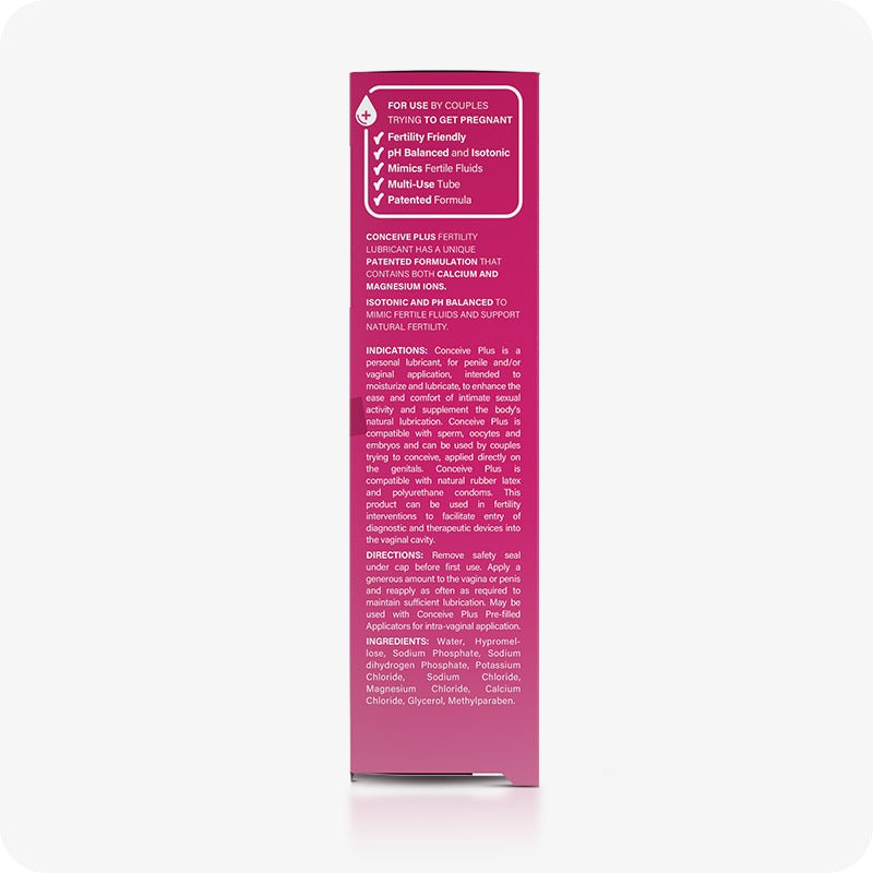 For Conceive Plus Fertility Lubricant Tube + Applicators bundle, the image shows the second side panel of the 75ml tube box. The panel highlights product features such as pH balanced, patented formula, and calcium and magnesium ions, along with usage directions, ingredient list, and application guidance in white text over a pink background.