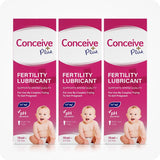For Conceive Plus Fertility Lubricant Tube + Applicators bundle, the image shows a triple pack of 75ml multi-use tube boxes. Each box features info about sperm quality support, pH balance, calcium and magnesium ion content, and multi-use quality along with a baby image and signature pink and white branding on a clean white background