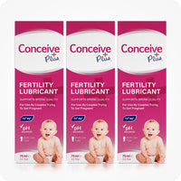 For Conceive Plus Fertility Lubricant Tube + Applicators bundle, the image shows a triple pack of 75ml multi-use tube boxes. Each box features info about sperm quality support, pH balance, calcium and magnesium ion content, and multi-use quality along with a baby image and signature pink and white branding on a clean white background