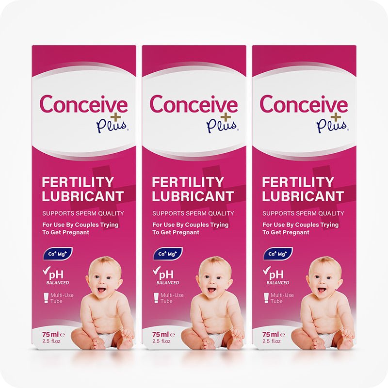 For Conceive Plus Fertility Lubricant Tube + Applicators bundle, the image shows a triple pack of 75ml multi-use tube boxes. Each box features info about sperm quality support, pH balance, calcium and magnesium ion content, and multi-use quality along with a baby image and signature pink and white branding on a clean white background