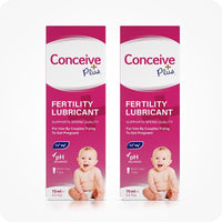 For Conceive Plus Fertility Lubricant Tube + Applicators bundle, the image shows a twin pack of 75ml multi-use tube boxes. Both packages display product claims like ‘supports sperm quality’ and ‘pH balanced,’ along with the brand’s pink and white design and a baby image on a white background.