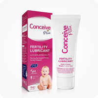 For Conceive Plus Fertility Lubricant Tube + Applicators bundle, the image shows the 75ml multi-use tube with its branded box. The product stands upright next to its retail box, which displays Conceive Plus branding in pink along with a baby image and product details, set against a clean white background.