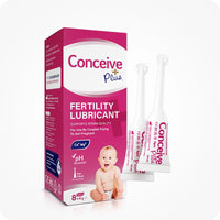 For Conceive Plus Fertility Lubricant Tube + Applicators bundle, the image shows the box of 8 pre-filled applicators positioned with three applicators visible. The box features Conceive Plus branding, key usage info, and a baby image on a pink and white background.