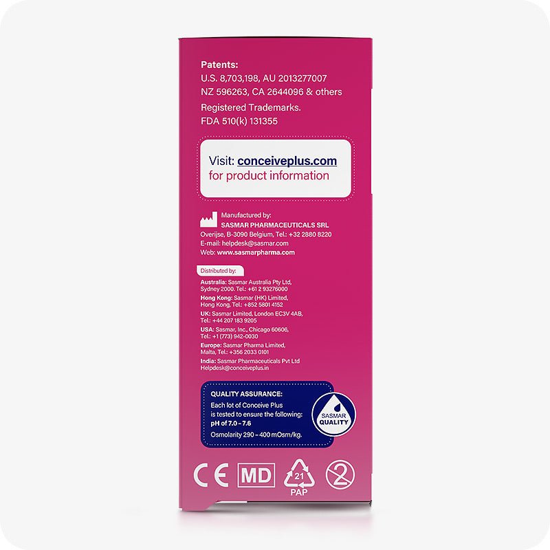 Back view image of Conceive Plus fertility lubricant, pre-filled applicators 8×4g box on a white background. Pink box with white branding and text highlighting patents, company website, manufacturers, distributors, and a blue quality assurance box.