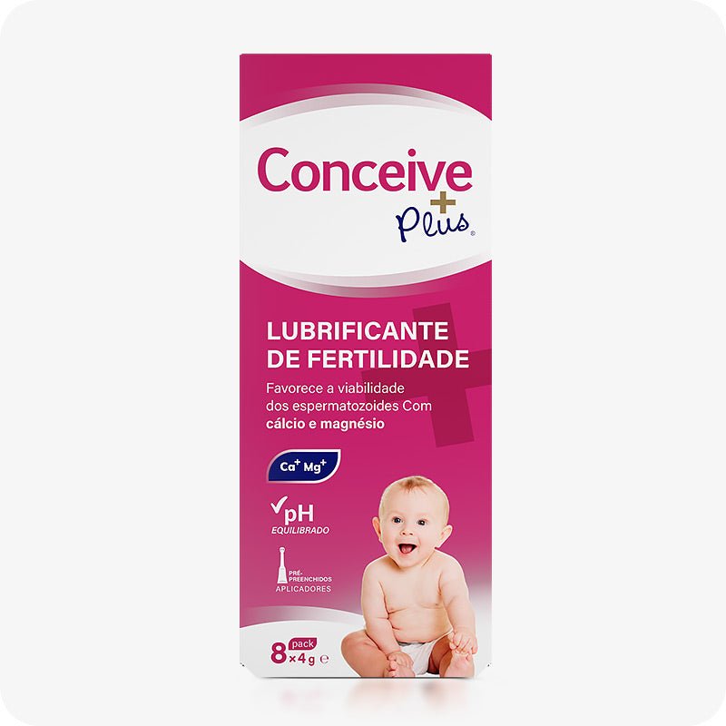 For Conceive Plus Fertility Lubricant Tube + Applicators (PT), front-facing packaging of 8x4g pre-filled fertility lubricant applicators, with vibrant pink and white design, Portuguese text highlighting pH balance and mineral content, and a smiling baby image to visually reinforce fertility support messaging.