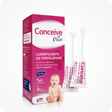 For Conceive Plus Fertility Lubricant Tube + Applicators (PT), 8x4g pre-filled fertility lubricant applicators shown beside Portuguese-labeled pink packaging, featuring a baby image and icons for calcium, magnesium, and pH balance; designed for ease of use in individual applications.