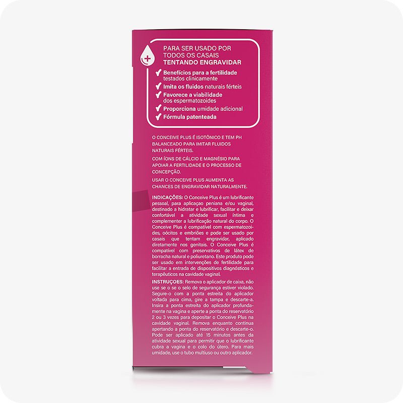 For Conceive Plus Fertility Lubricant Tube + Applicators (PT), side panel of 8x4g pre-filled fertility lubricant applicators, displaying Portuguese-language product details including fertility benefits, calcium and magnesium ions, usage instructions, and clinically tested claims on a pink background with bold icons and white text.