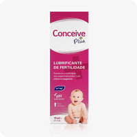 Front-facing box of Conceive Plus Fertility Lubricant Tube (PT), 75ml size, designed for Portuguese-speaking markets. The box displays the brand logo, product title "Lubrificante de Fertilidade", and highlights sperm viability support with calcium and magnesium ions. Features icons for balanced pH and multi-use tube. A baby is seated at the bottom against a bold pink and white background.