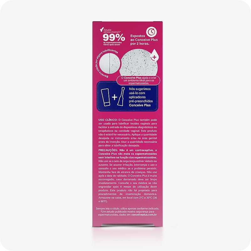 Back of Conceive Plus Fertility Lubricant Tube (PT) 75ml packaging in Portuguese showing clinical usage and safety precautions. Features sperm viability study with 99% effectiveness after 2 hours, and a diagram suggesting combination with pre-filled applicators. Box design is pink with clear white and blue sections for legibility.