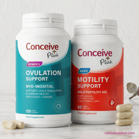 Two Conceive Plus supplement bottles for ovulation support and motility support on a light background.