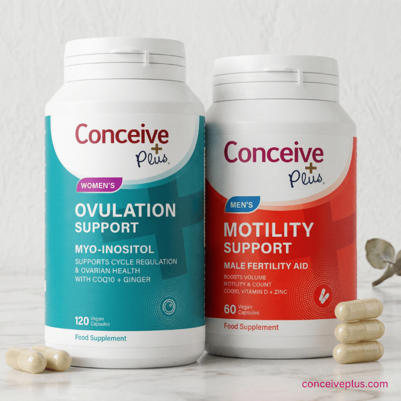 Two Conceive Plus supplement bottles for ovulation support and motility support on a light background.