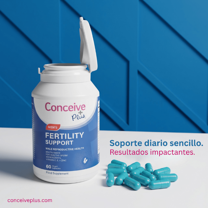 Conceive Plus fertility support supplement bottle with capsules on a blue geometric background