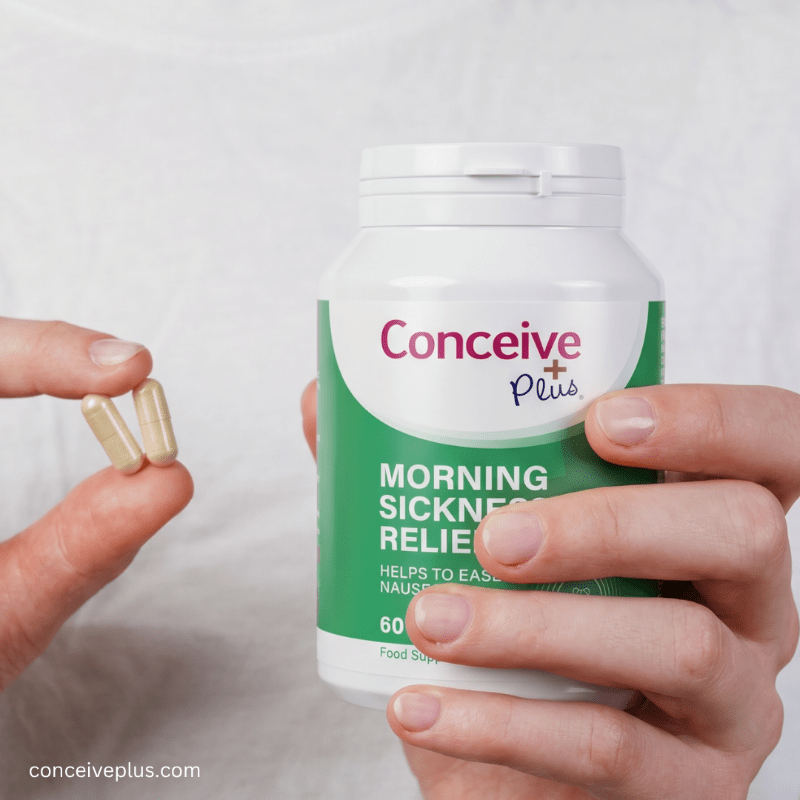 Person holding a bottle of Conceive Plus morning sickness relief supplement with two capsules.