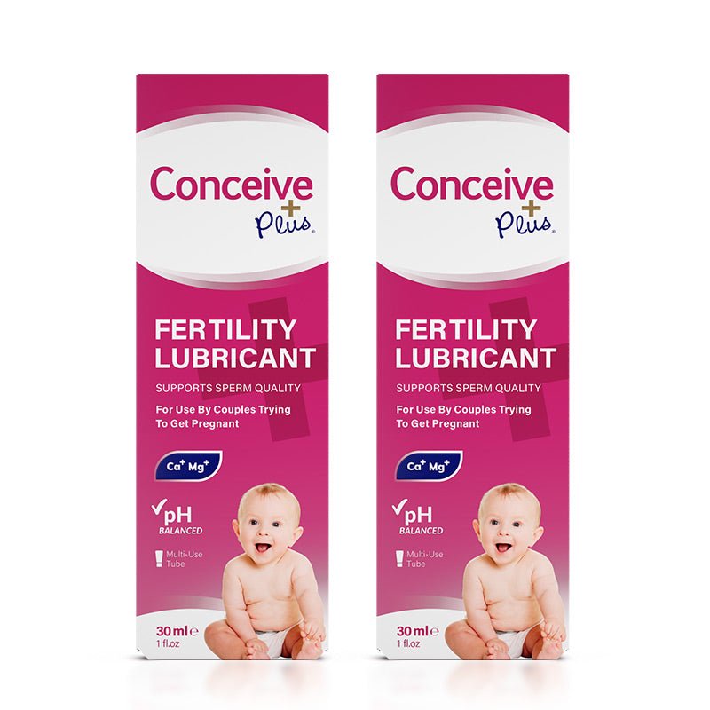 Image of two boxes of Conceive Plus try me size fertility lubricant 30ml on a white background. Pink and white label has white branding and highlights sperm quality support, pH balance, calcium and magnesium ions content, multi-use feature and quantity of the lube.