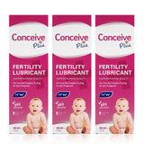 Image of three boxes of Conceive Plus try me size fertility lubricant 30ml placed side by side on a white background. Pink boxes has white text and branding and highlights sperm quality support, pH balance, calcium and magnesium ion content, multi-use feature, and quantity of the lube.