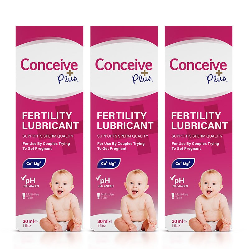 Image of three boxes of Conceive Plus try me size fertility lubricant 30ml placed side by side on a white background. Pink boxes has white text and branding and highlights sperm quality support, pH balance, calcium and magnesium ion content, multi-use feature, and quantity of the lube.