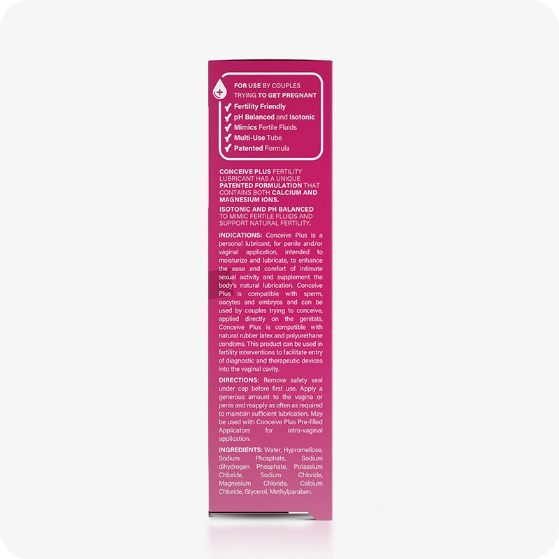 Image of the side of Conceive Plus try me size fertility lubricant 30ml box on a white background. Pink box has white text and branding and has information about benefits, ingredients, indications, and directions to use the lubricant. 