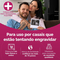 Promotional graphic in Portuguese for a conception supplement, featuring a smiling couple with a black-and-white baby photo on a couch. Large magenta text reads 'Para uso por casais que estão tentando engravidar,' with icons and claims below about availability, fertility trust, and vitamins.