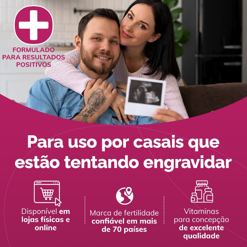 Promotional graphic in Portuguese for a conception supplement, featuring a smiling couple with a black-and-white baby photo on a couch. Large magenta text reads 'Para uso por casais que estão tentando engravidar,' with icons and claims below about availability, fertility trust, and vitamins.