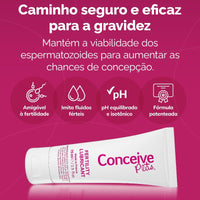 A white tube of Conceive Pots Fertility Lubricant with pink lettering, shown on a bright pink background with Portuguese marketing text and icons about fertility support.