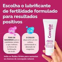 A hand holds a white tube of Conceive Plus Fertility Lubricant against a bright pink background with Portuguese marketing text and ion graphics for magnesium and calcium.