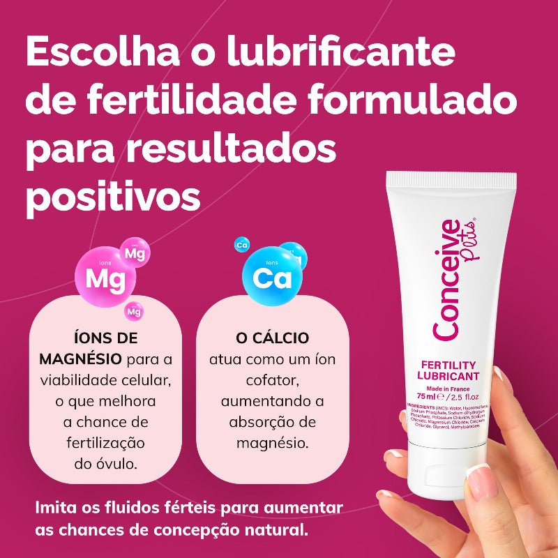 A hand holds a white tube of Conceive Plus Fertility Lubricant against a bright pink background with Portuguese marketing text and ion graphics for magnesium and calcium.